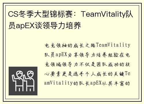 CS冬季大型锦标赛：TeamVitality队员apEX谈领导力培养