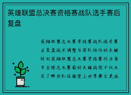 英雄联盟总决赛资格赛战队选手赛后复盘